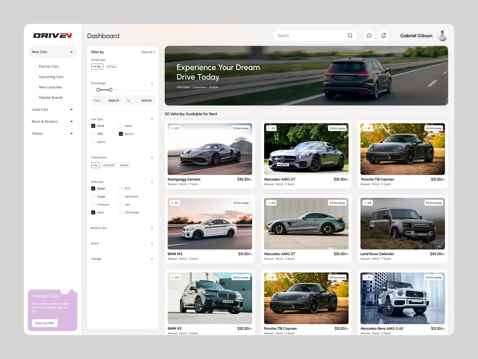 A rental car booking dashboard designed by Redlio Labs