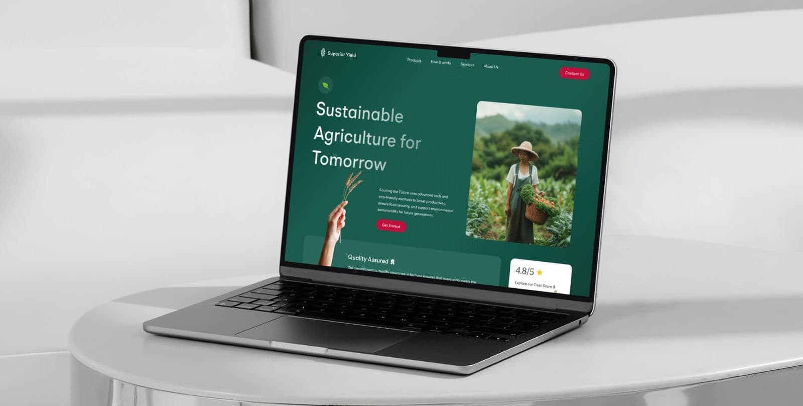 The Superior Yield website on a laptop, with the headline Sustainable Agriculture for Tomorrow