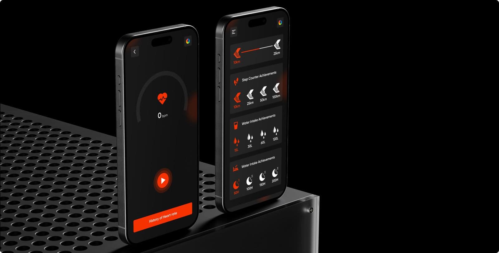 Two phones showing the heart rate screen and the achievements list on a dark background