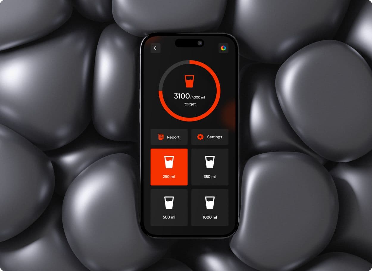 The app’s water screen on a phone, with the day’s intake shown inside a red ring