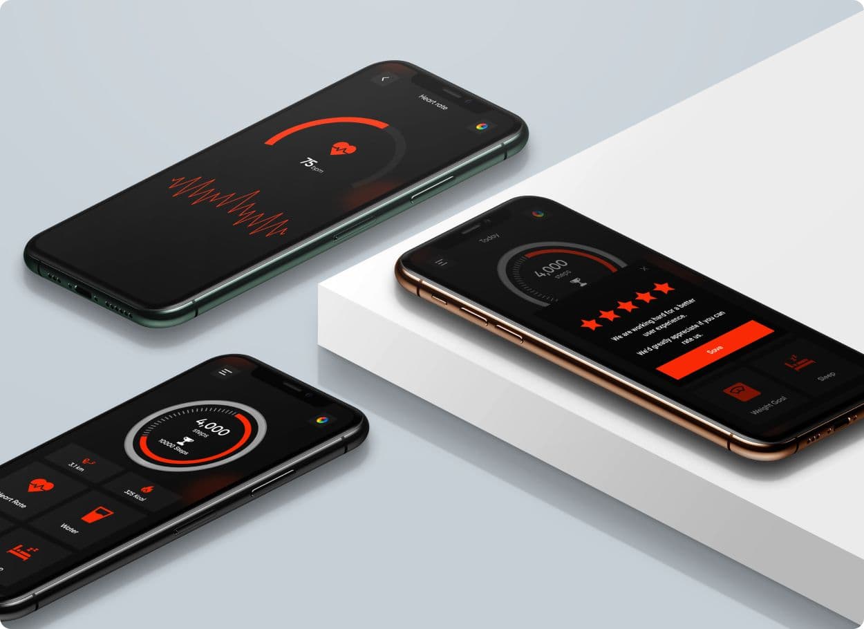 Three phones showing the step counter app, including the heart rate screen and the step ring