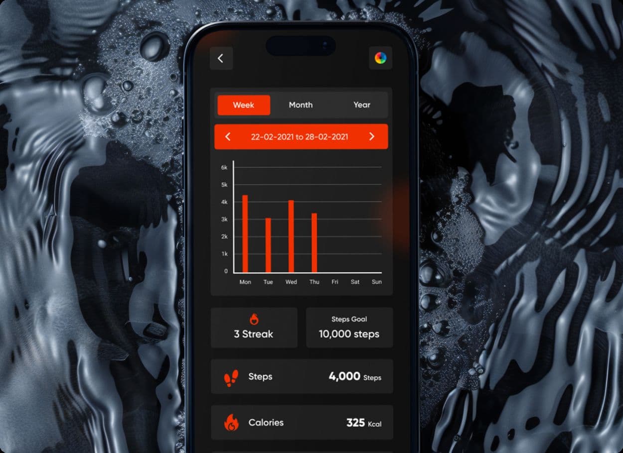 The app’s statistics screen, with a bar chart of steps for each day of a week