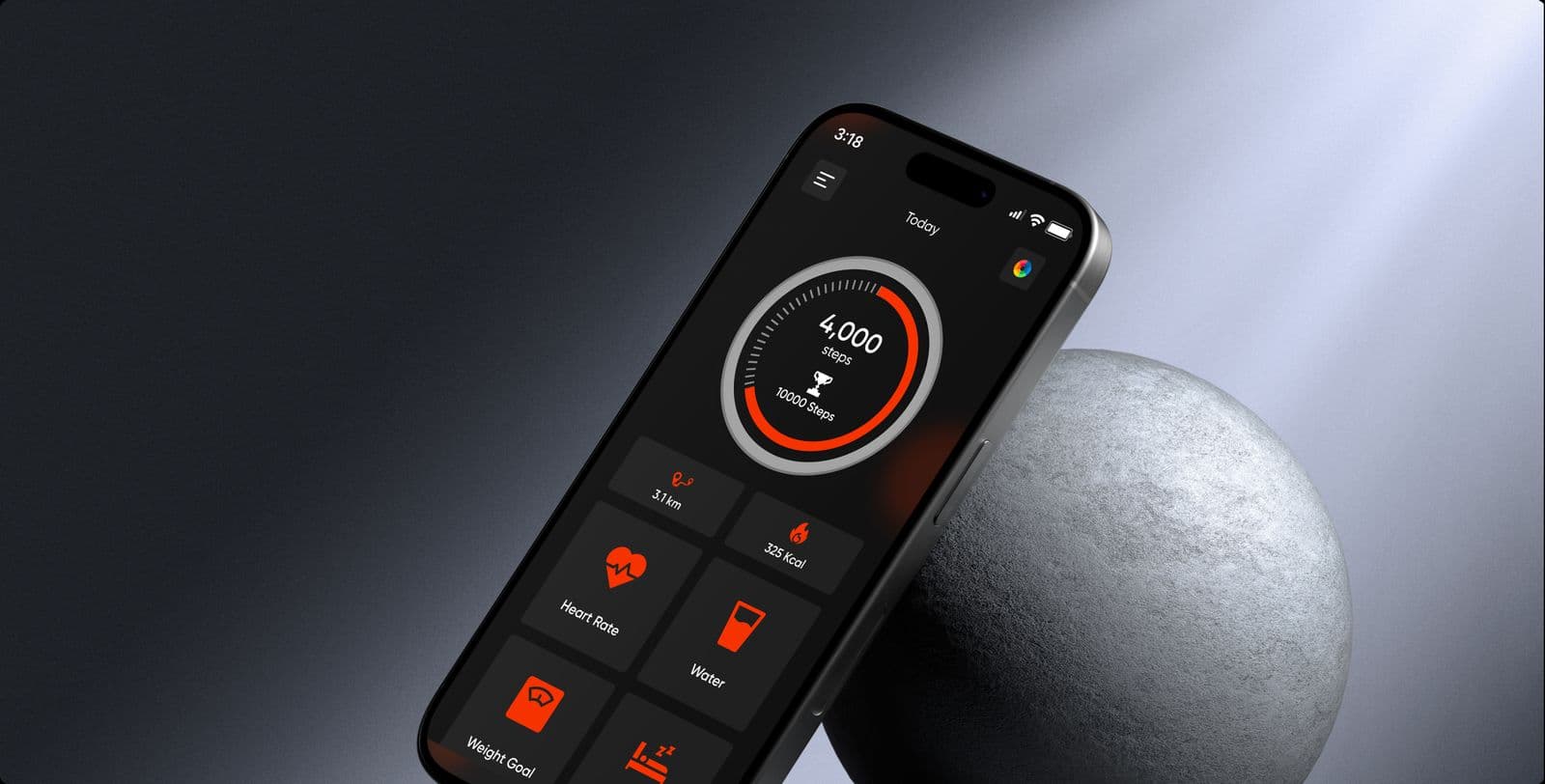 The app’s home screen on a tilted phone, with the step ring above tiles for heart rate and water