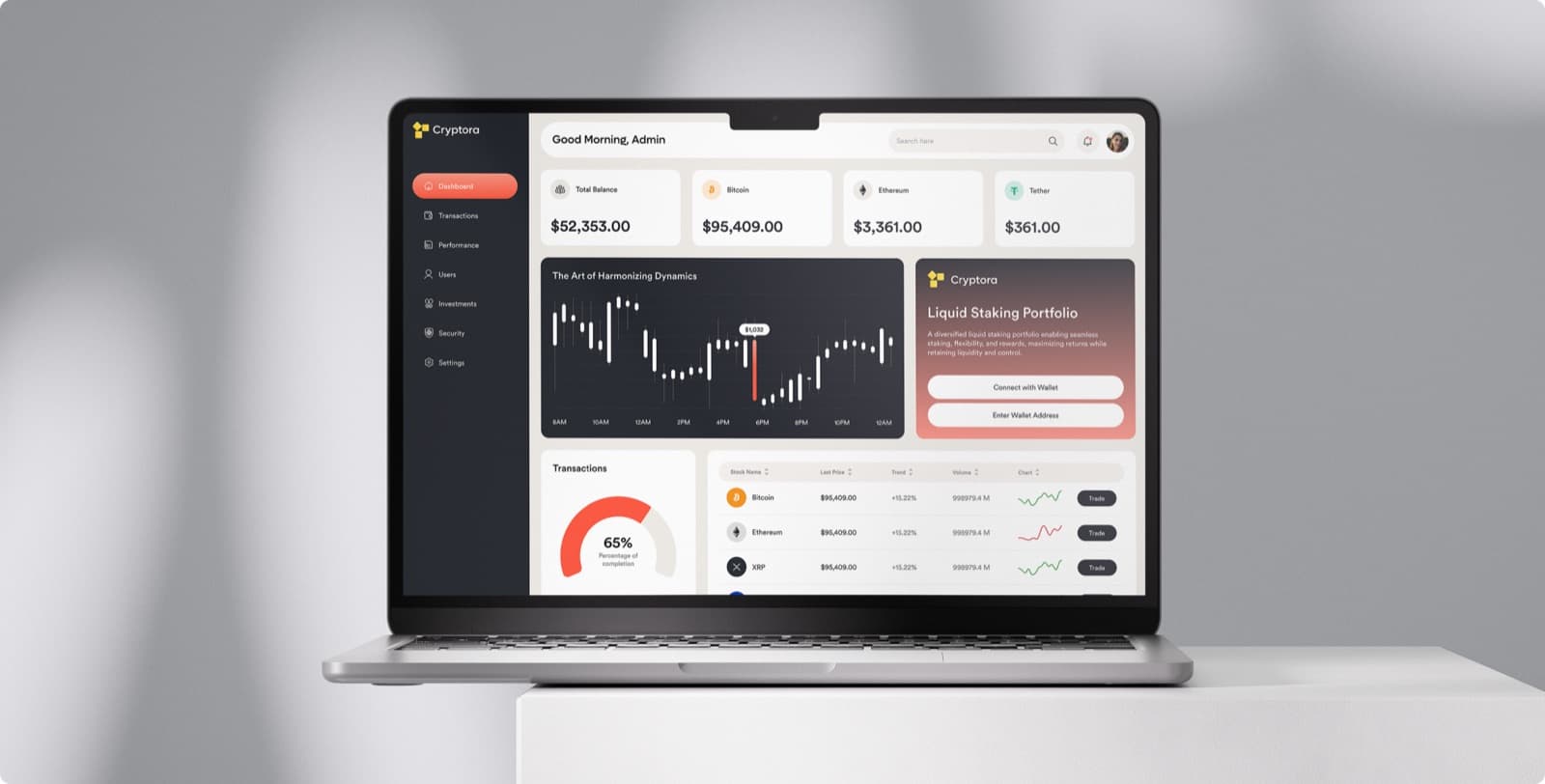 The Cryptora dashboard on a laptop, with four balance cards, a candlestick chart and a list of coins