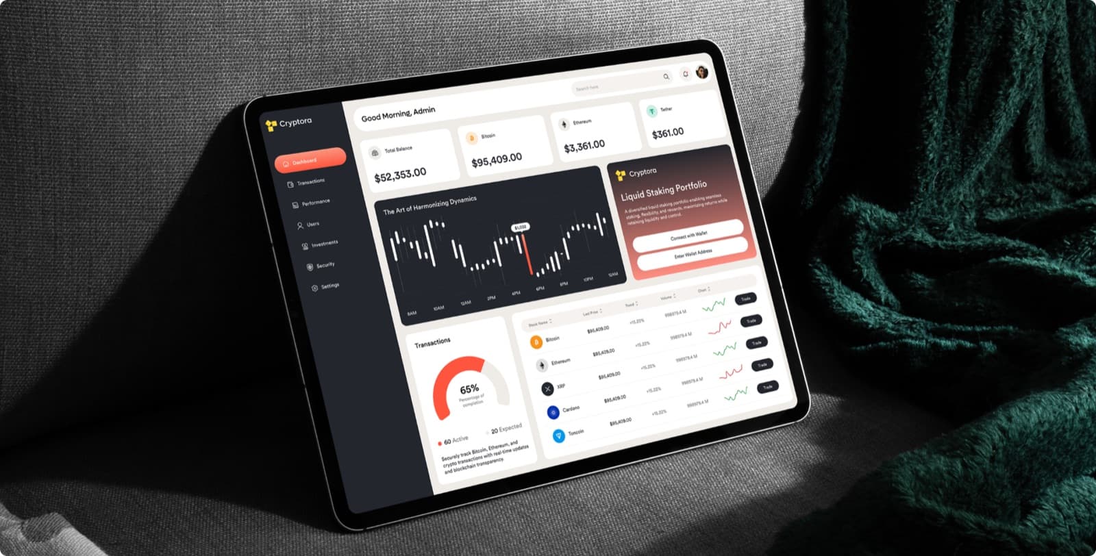 The Cryptora dashboard on a tablet, with balance cards, a candlestick chart and a coin list
