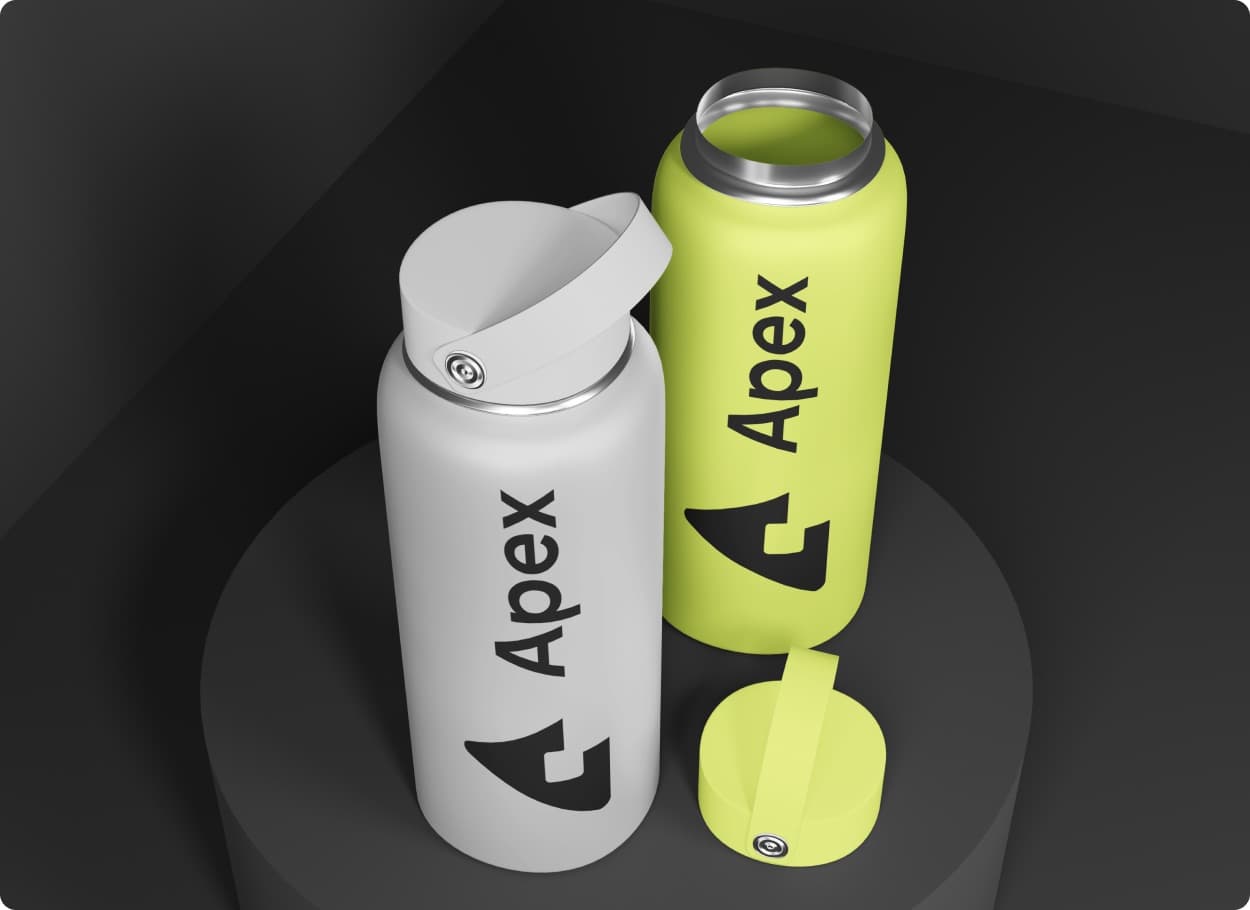 Two drinks bottles, one grey and one lime, each printed with the Apex mark and wordmark