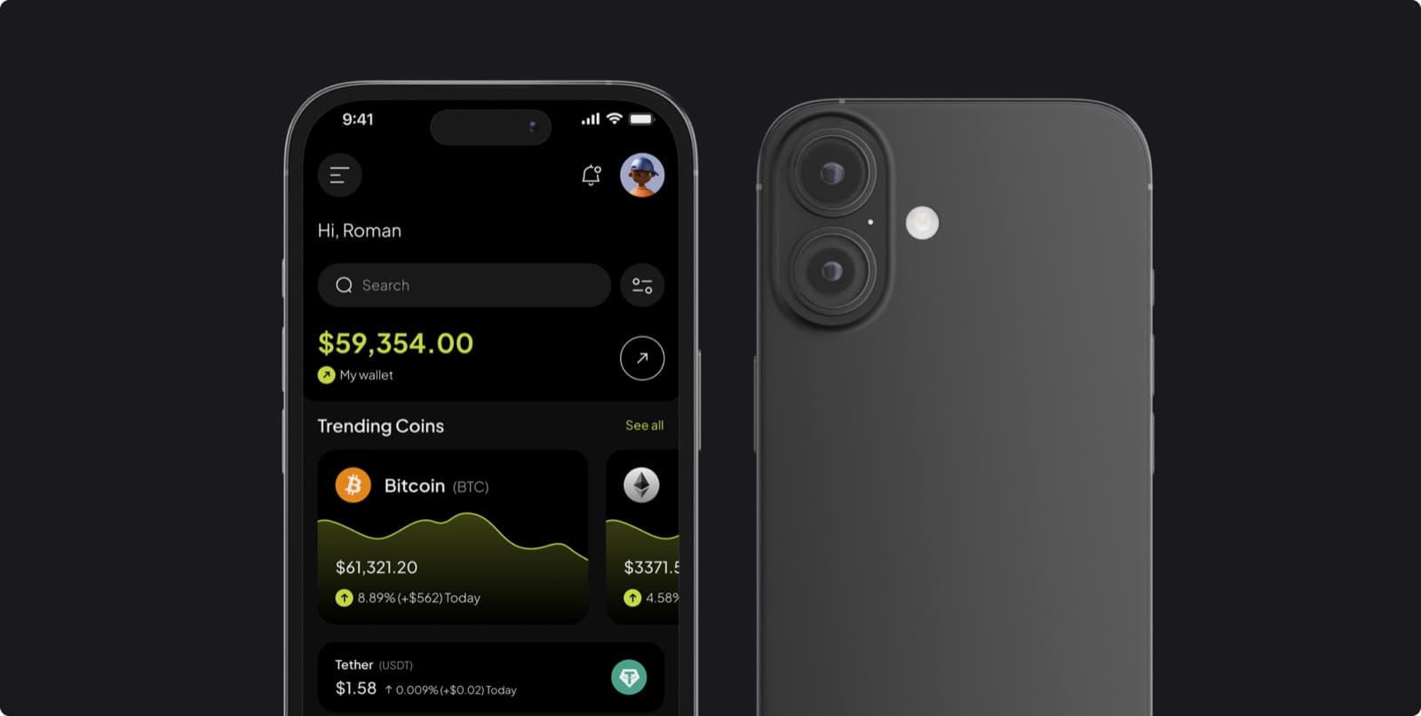 The Apex crypto wallet app on a phone, showing a wallet balance above a row of trending coins with price charts