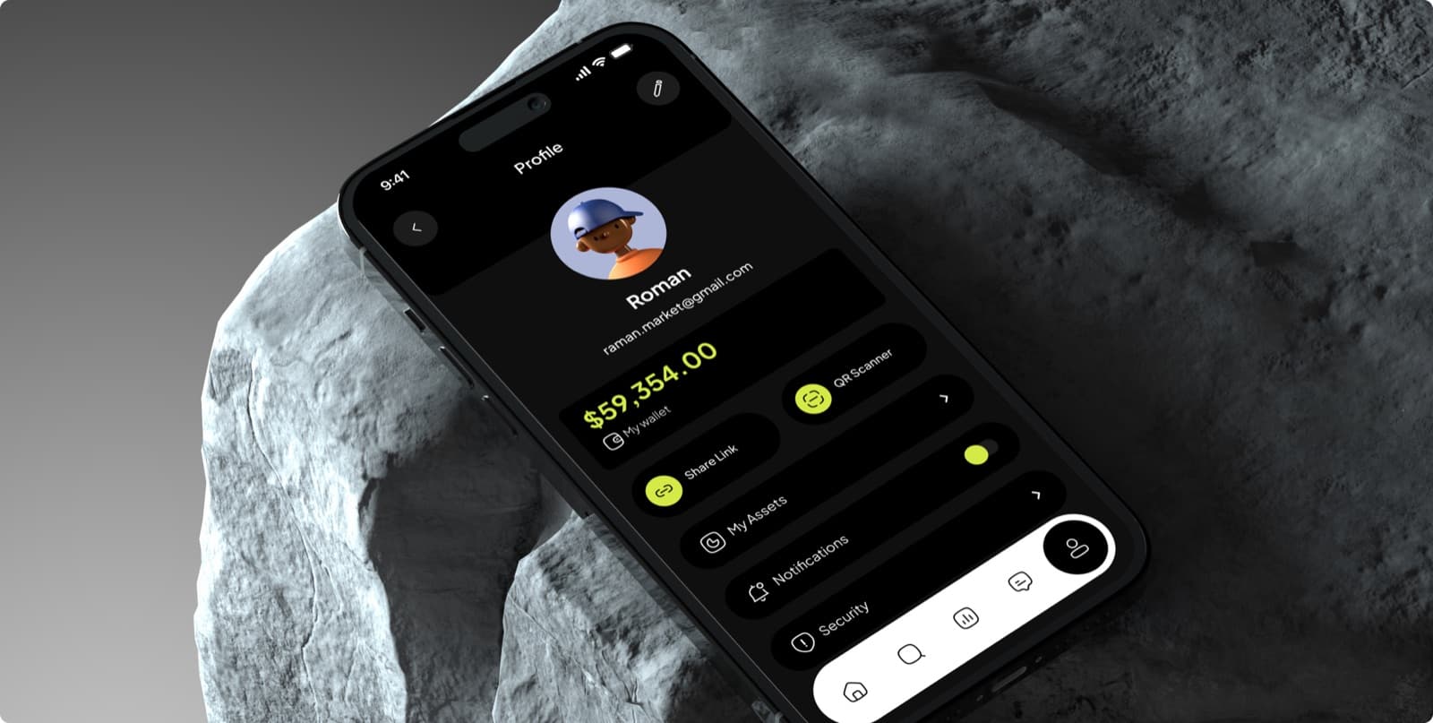 The Apex profile screen on a phone resting on a rock, with the wallet balance, a QR scanner button and a settings list