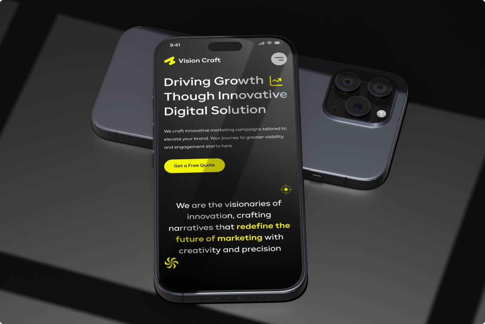 The Vision Craft homepage on a phone, with the headline, a yellow Get a Free Quote button and a statement with one phrase in yellow