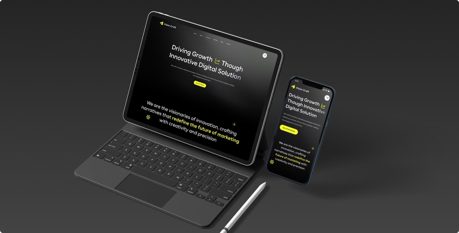 The Vision Craft homepage on a tablet with a keyboard and on a phone, both on a dark background