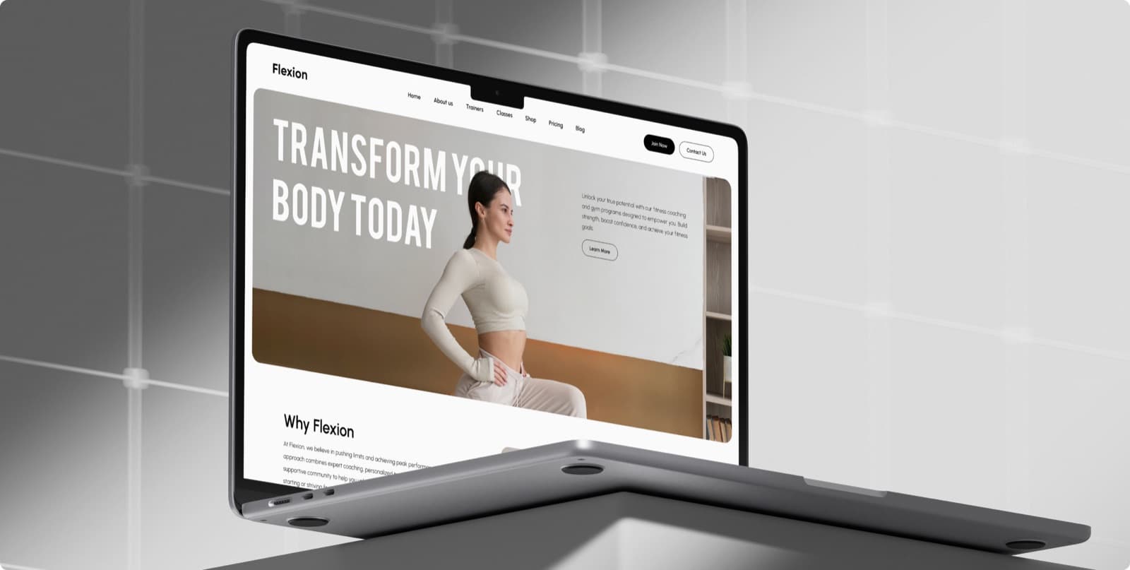 The Flexion website on a laptop, with the headline Transform Your Body Today over a photograph of a woman in training clothes