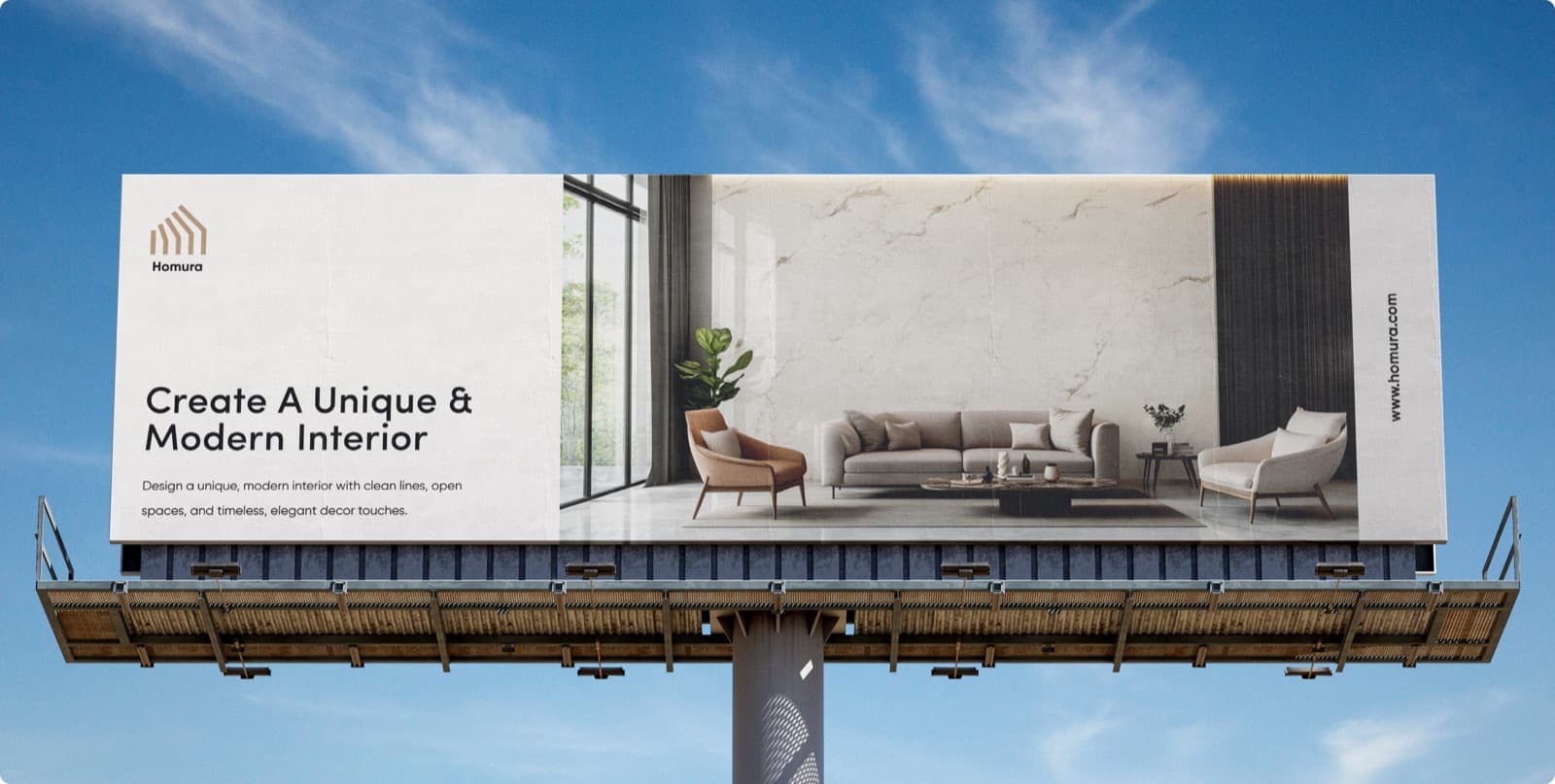 A billboard against a blue sky with the Homura mark, the headline Create A Unique & Modern Interior and a photograph of a living room