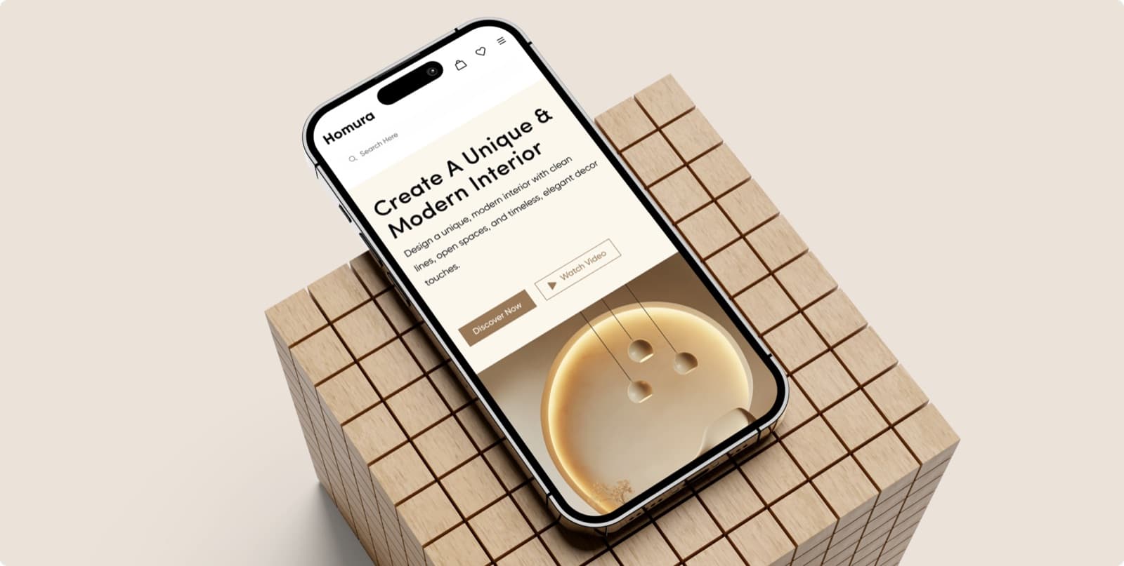 The Homura homepage on a phone resting on a block of wooden cubes, with the headline Create A Unique & Modern Interior