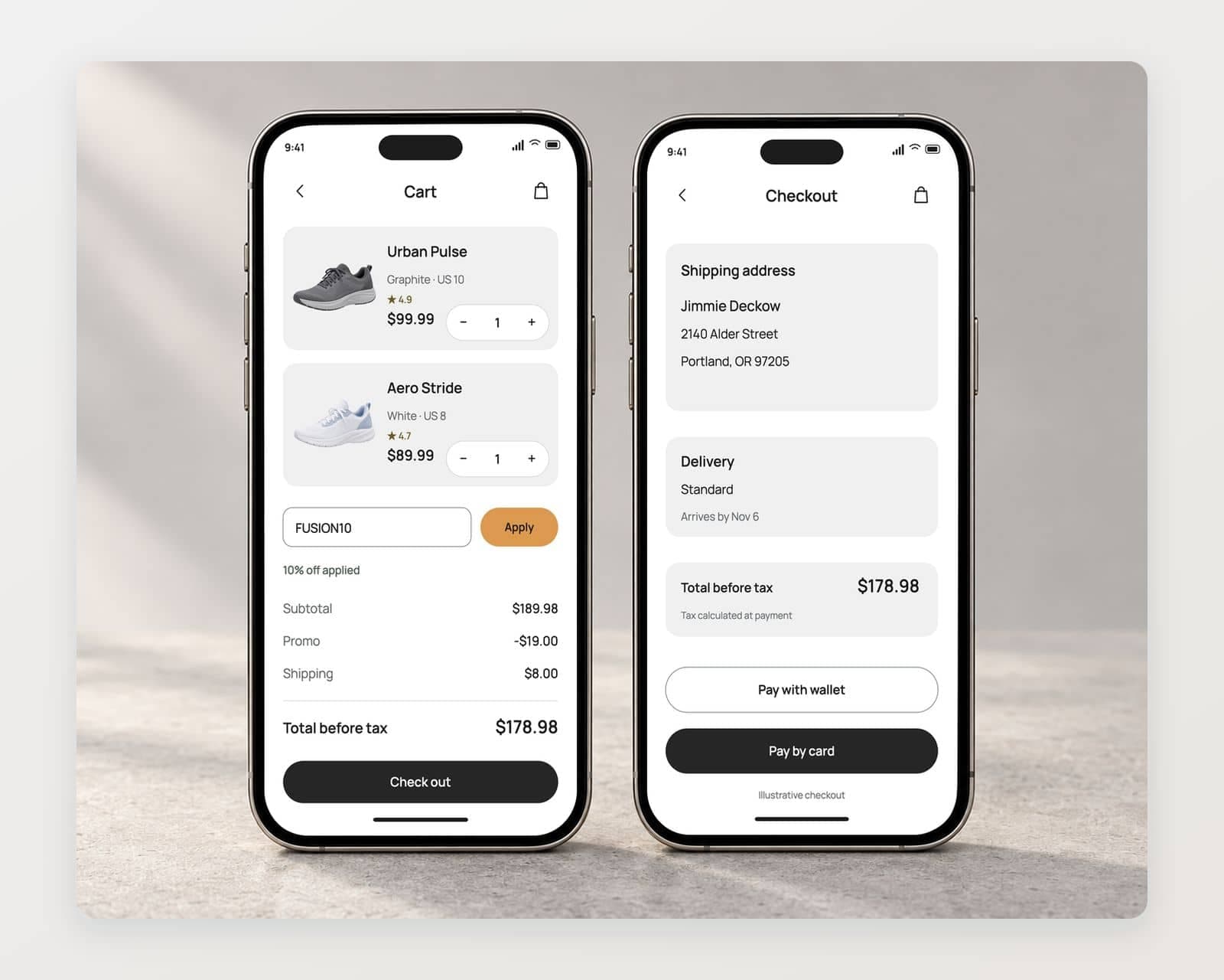 Fusion’s cart with Urban Pulse in US 10 at $99.99 and Aero Stride in US 8 at $89.99, promo FUSION10, $8.00 shipping, a $178.98 total and generic wallet and card buttons
