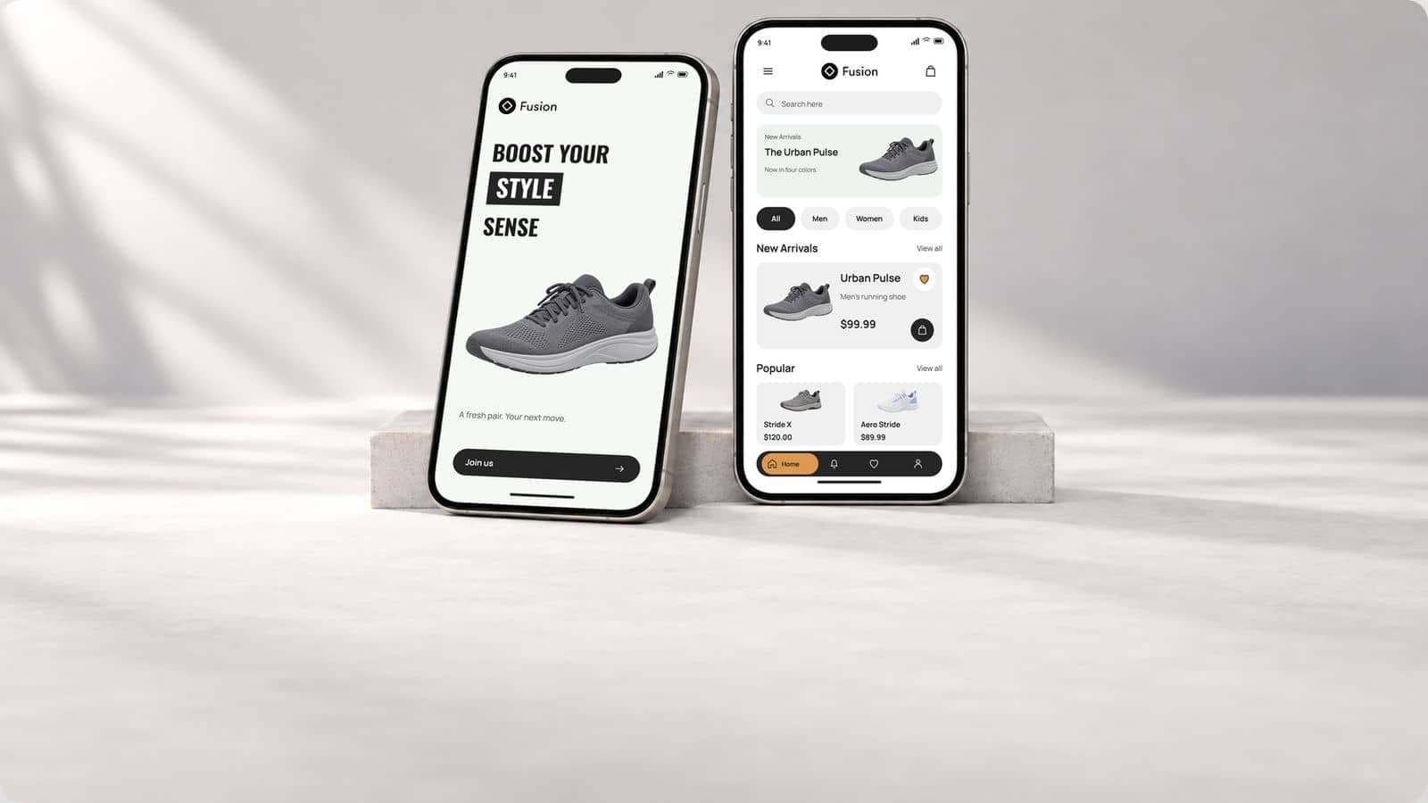 Two matching phones showing Fusion’s Boost Your Style Sense opening screen and the home screen with new arrivals, the Urban Pulse at $99.99 and an orange Home tab
