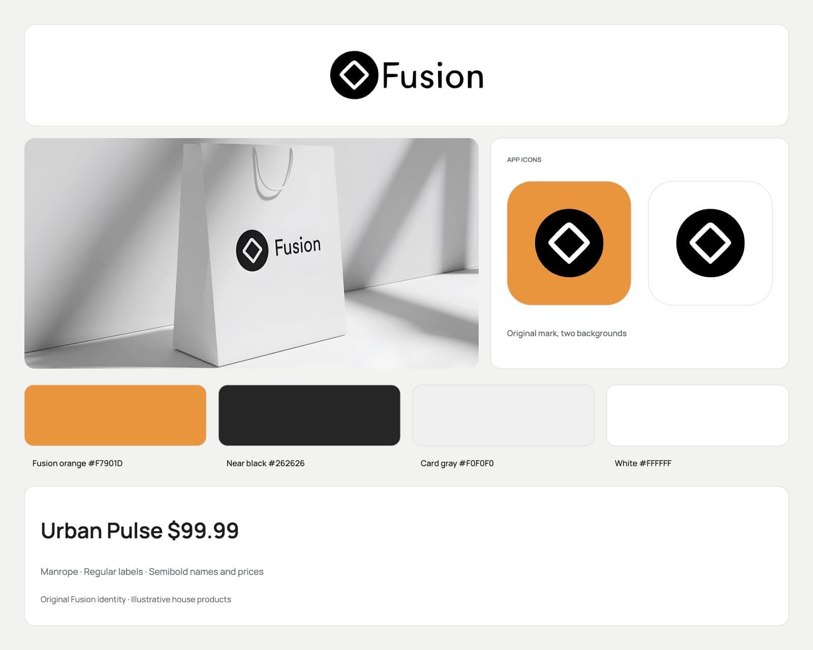 Fusion brand board with the black circle and diamond mark, the wordmark, the original white shopping bag photograph, the app icon and orange, gray and black swatches