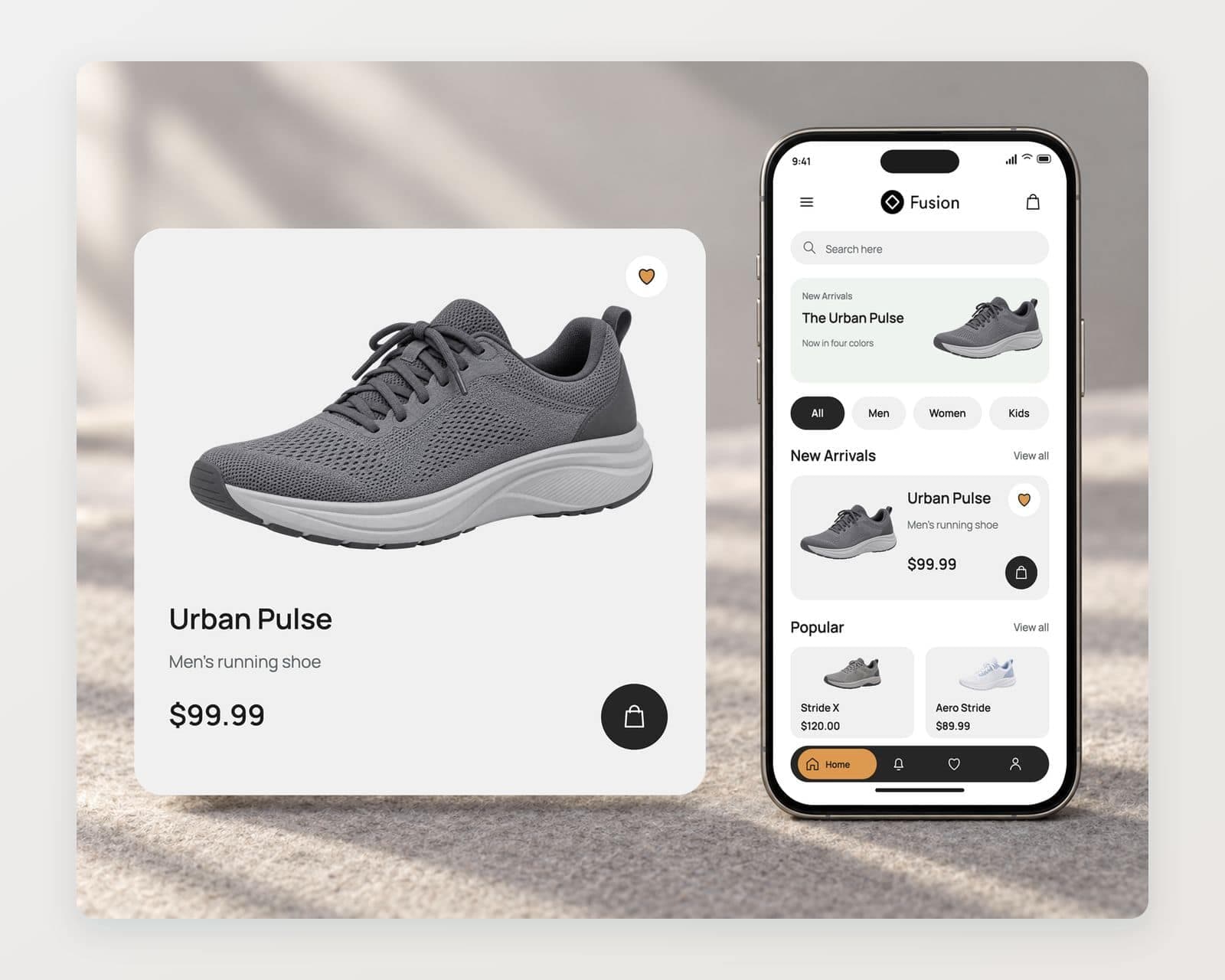 Fusion’s home screen with search, a new arrivals banner, All, Men, Women and Kids chips, the Urban Pulse card at $99.99 and the floating dark navigation bar