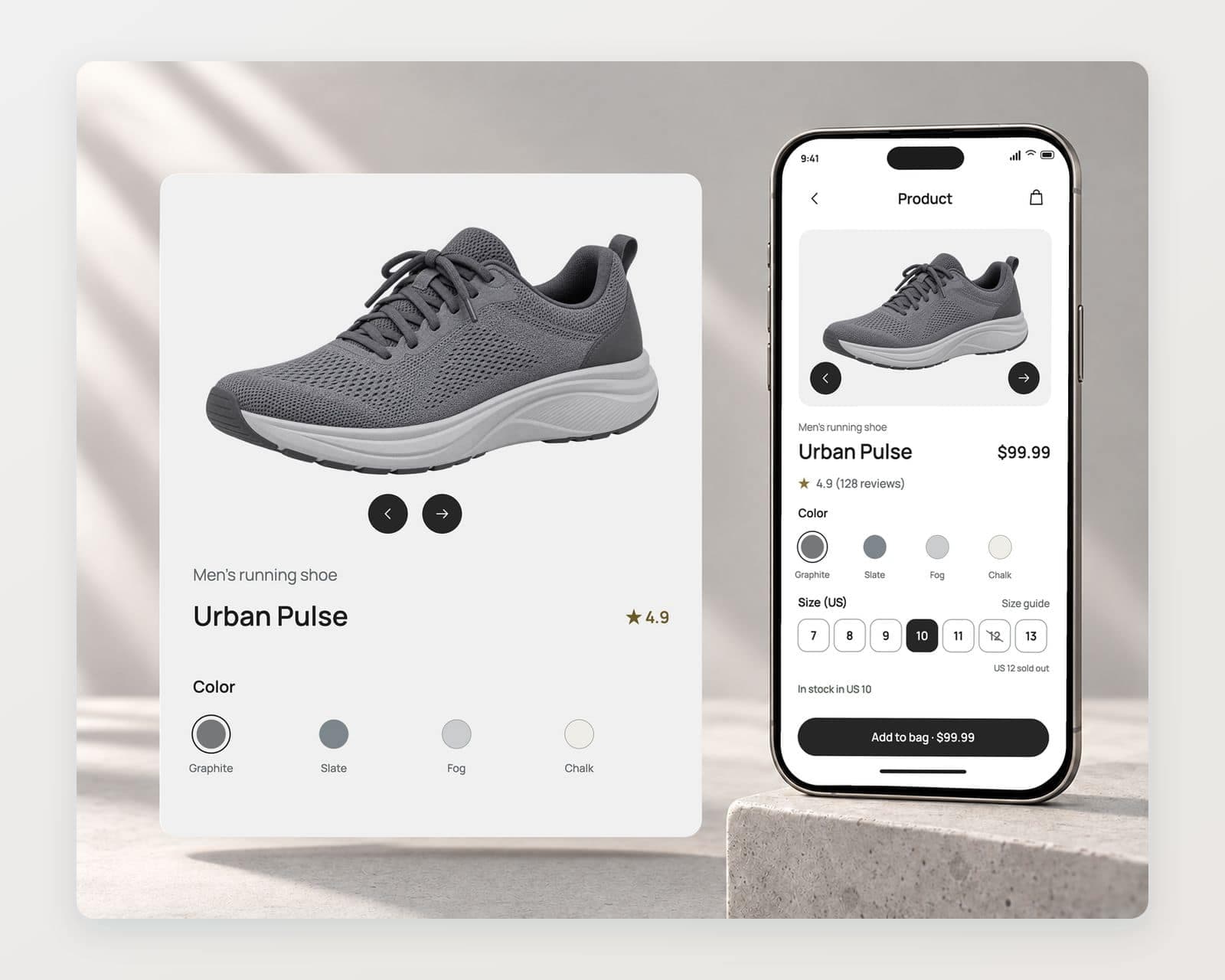 Fusion’s Urban Pulse product page with a turning shoe, a 4.9 rating, Graphite, Slate, Fog and Chalk swatches, US sizes 7 to 13 with size 10 selected and Add to bag at $99.99