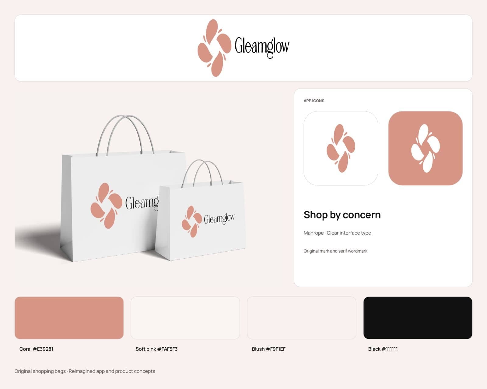 Gleamglow brand board with the coral four-petal mark, the serif wordmark, the original two shopping bags photograph, the app icon and coral, soft pink and black swatches