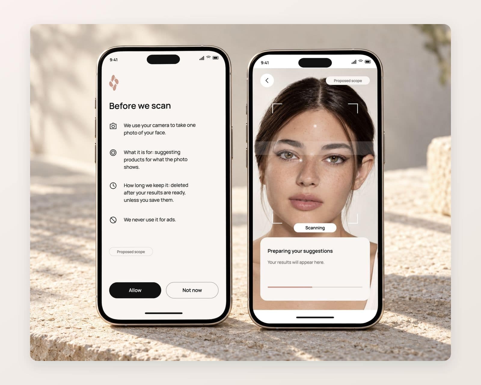 Two matching phones showing Gleamglow’s scan notice with what is captured, its use and deletion, and equal Allow and Not now buttons, beside the face scan frame