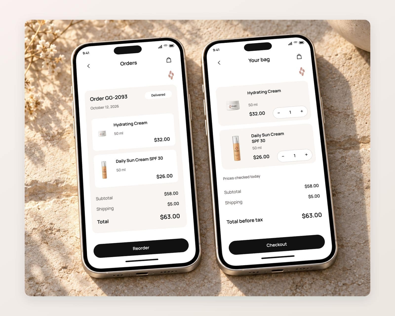 Gleamglow order GG-2093 from October 12, 2026 with Hydrating Cream and Daily Sun Cream SPF 30, a Reorder button and a bag totaling $63.00 with shipping