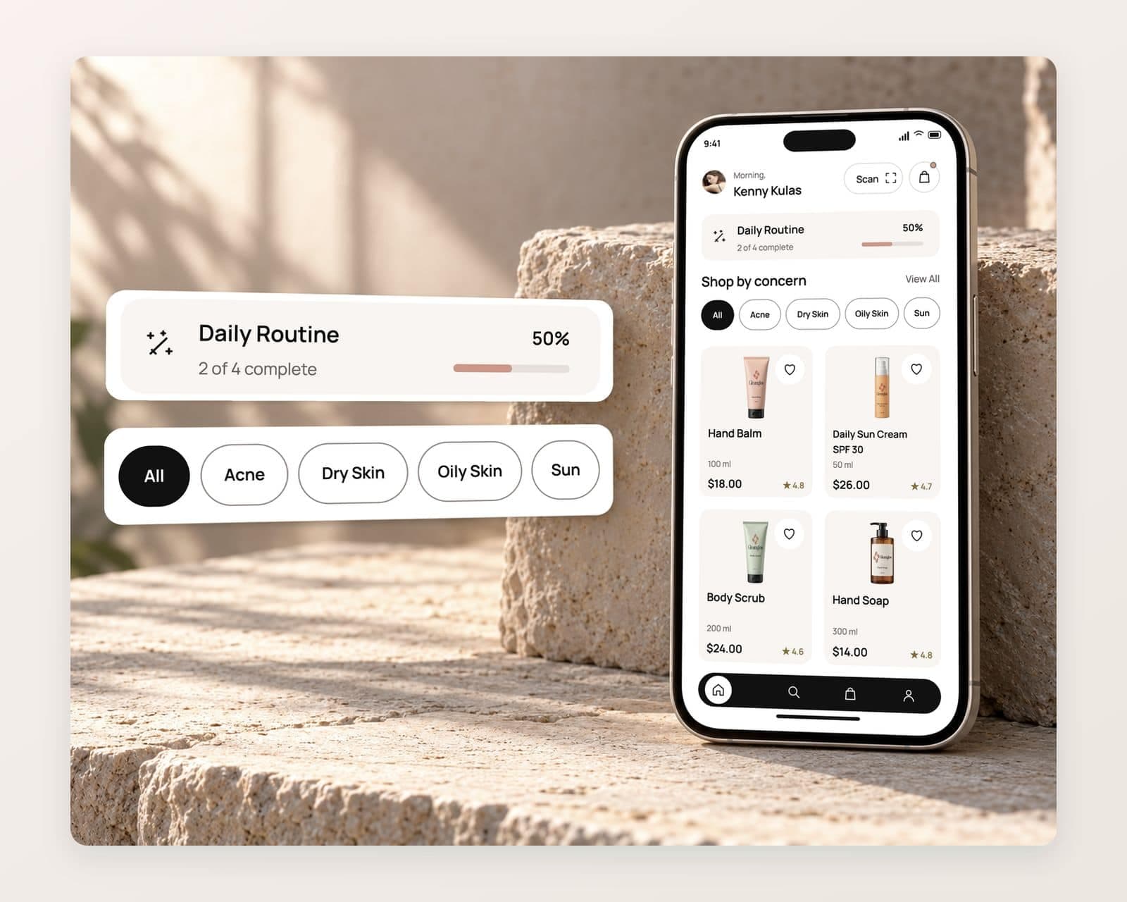 Gleamglow’s home screen with the Morning greeting, a Scan button, the Daily Routine bar at 50%, concern chips and pink product cards for Hand Balm, Daily Sun Cream SPF 30, Body Scrub and Hand Soap