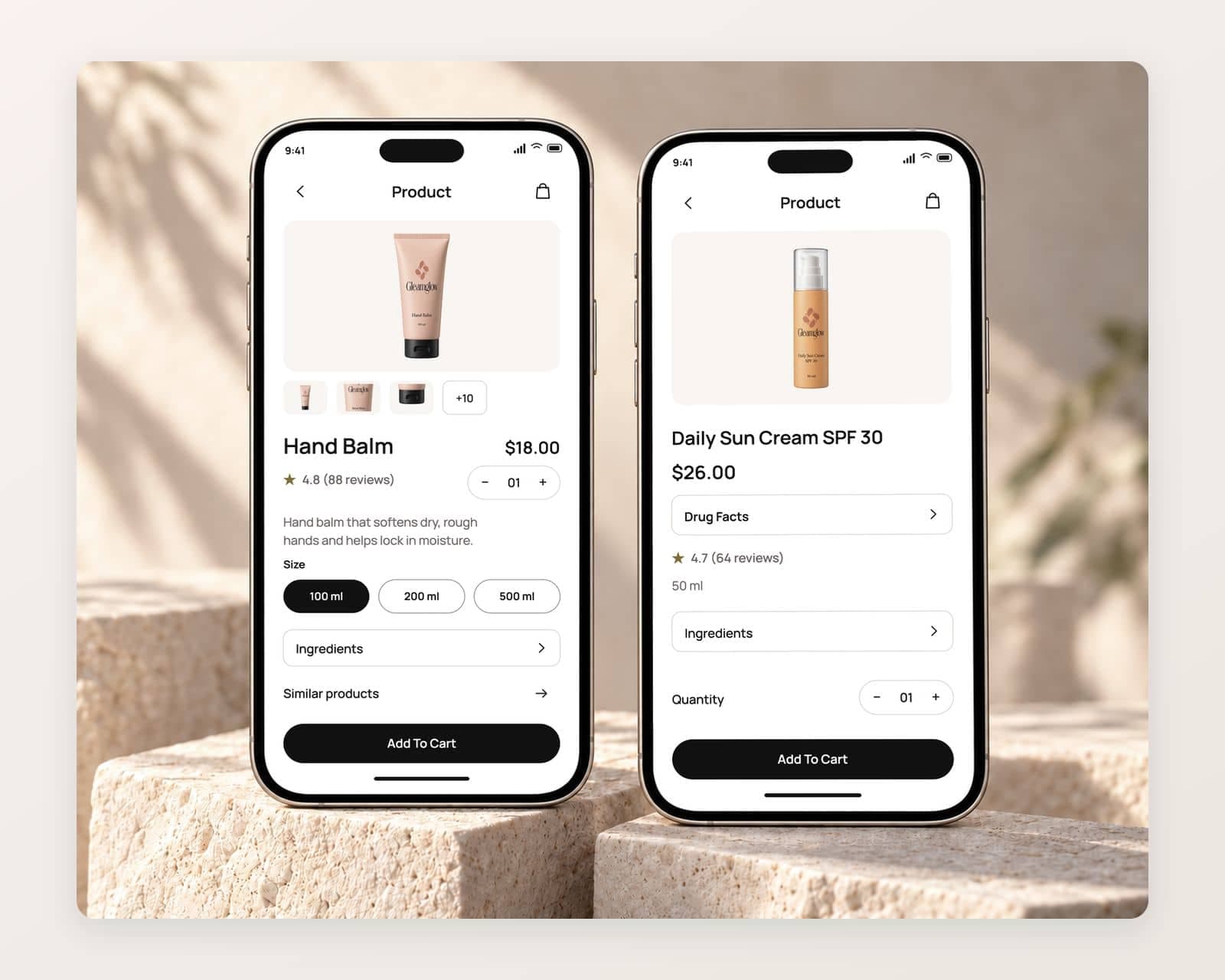 Gleamglow’s Hand Balm page with 100 ml selected at $18.00, plus 200 ml and 500 ml options, ingredients, similar products and Add To Cart, beside the Daily Sun Cream SPF 30 page with a Drug Facts link