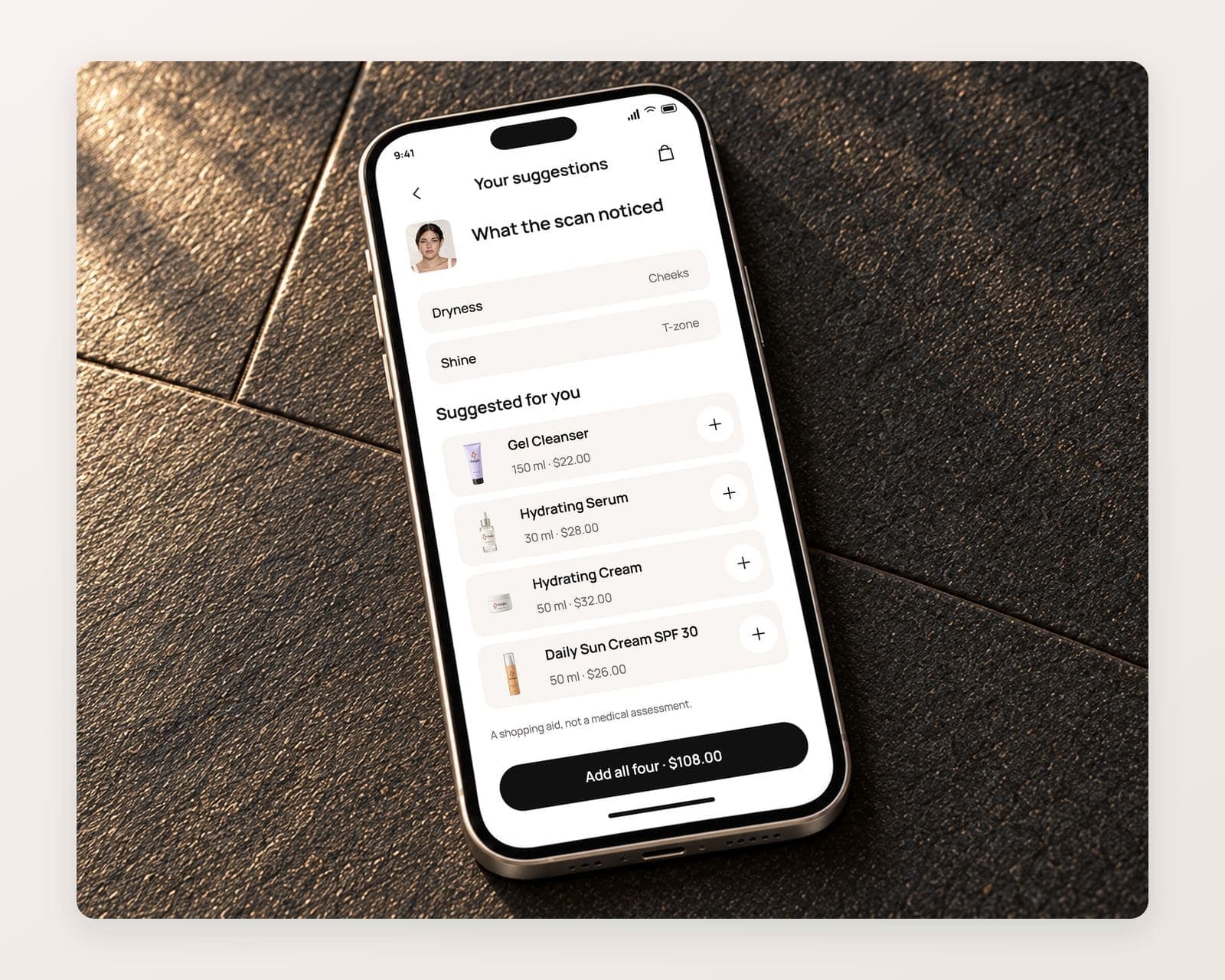 Gleamglow’s scan results noting dryness on the cheeks and shine on the T-zone, with Gel Cleanser, Hydrating Serum, Hydrating Cream and Daily Sun Cream SPF 30 suggested and a shopping aid note