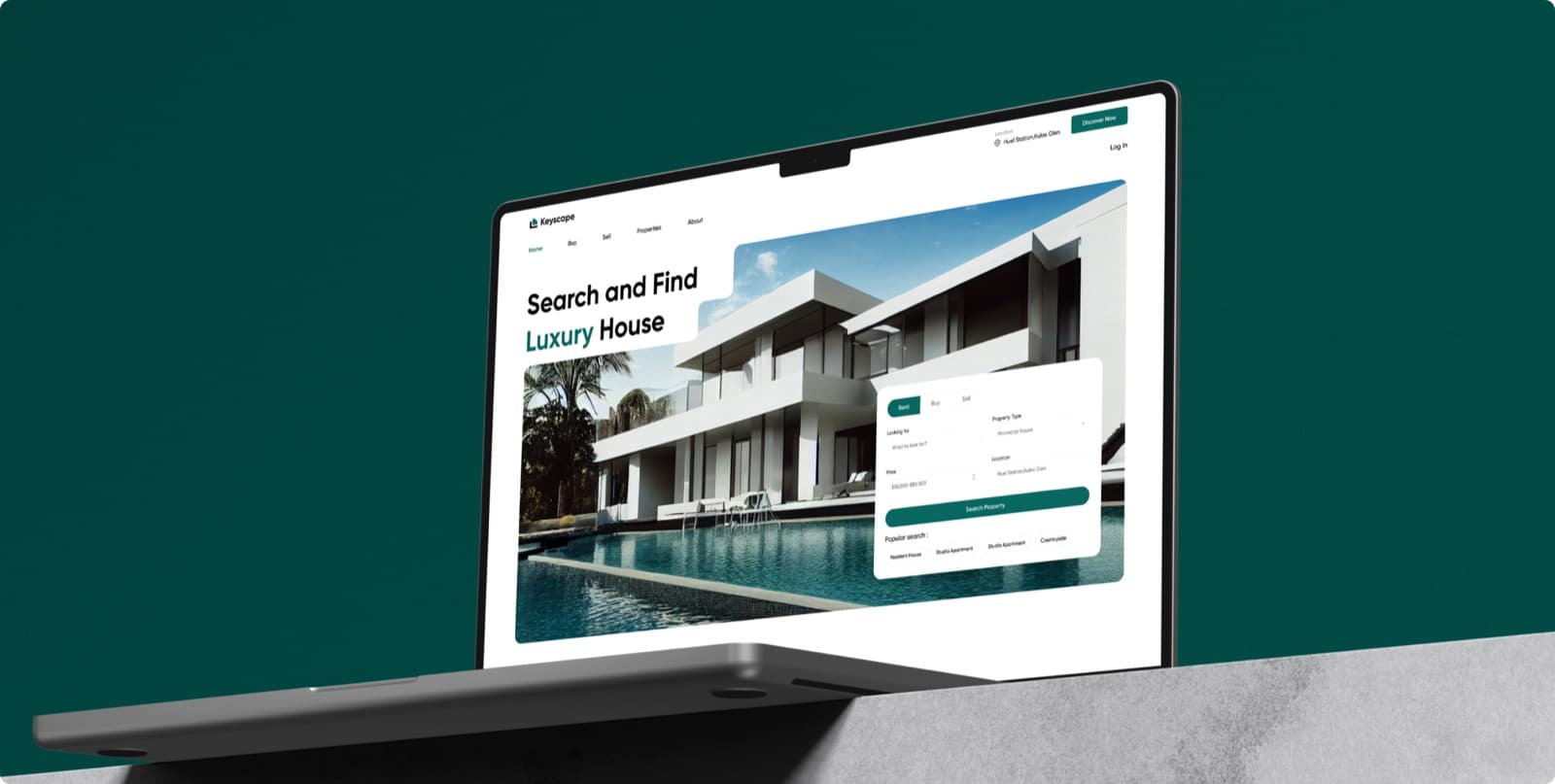 The Keyscape website on a laptop, with the headline Search and Find Luxury House and a property search form over a photograph of a white house