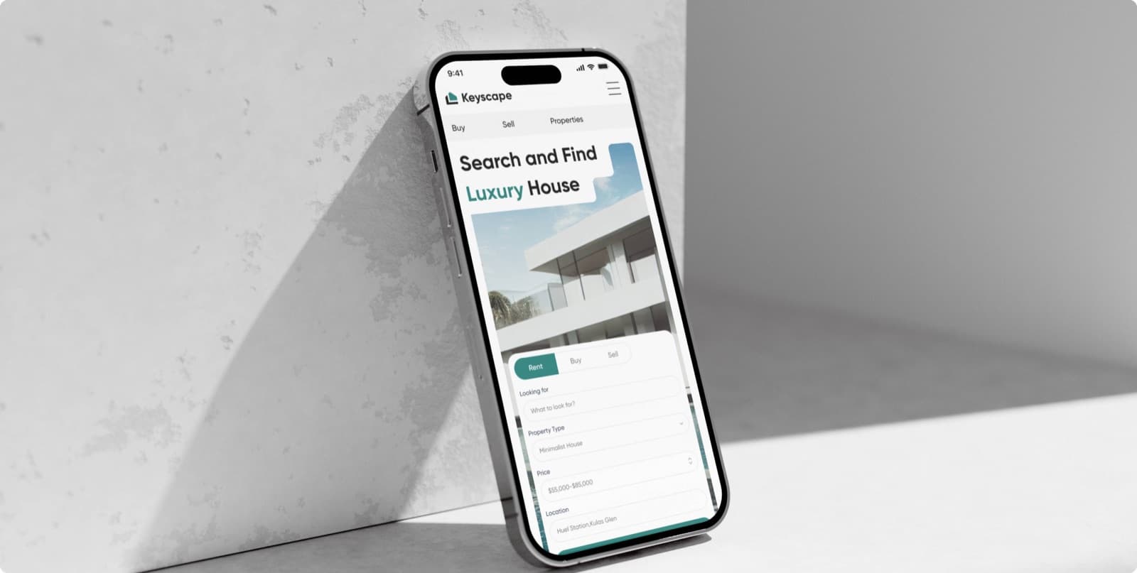 The Keyscape website on a phone, with the headline Search and Find Luxury House above the rent, buy and sell search form