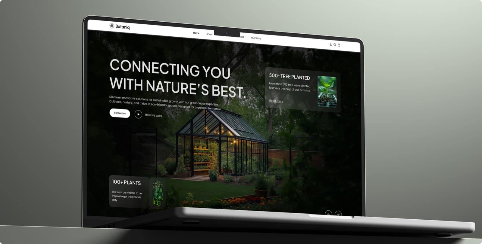 The Botaniq website on a laptop, with the headline Connecting You With Nature’s Best over a photograph of a greenhouse