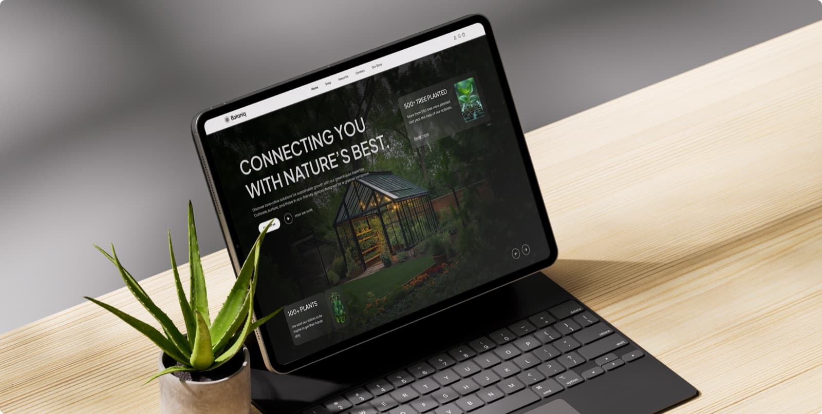The Botaniq homepage on a tablet with a keyboard, standing on a wooden desk beside a potted aloe