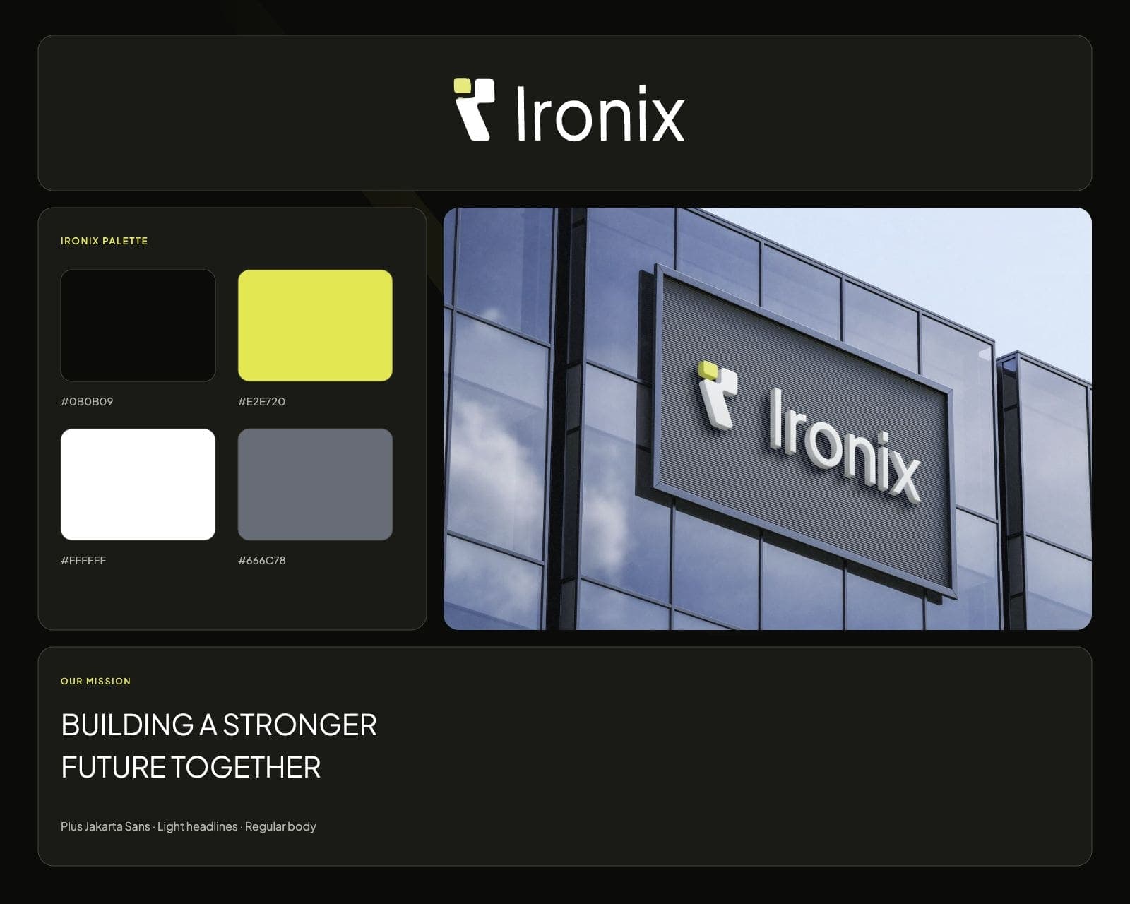 The Ironix brand board with the mark and wordmark, the original building sign photograph, black and yellow swatches and the type sample