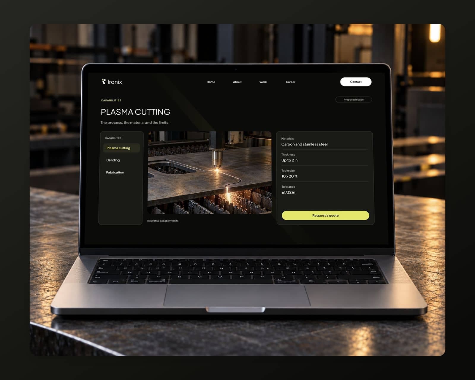 The Ironix plasma cutting capability page with carbon and stainless steel, up to 2 in thick, a 10 by 20 ft table, plus or minus 1/32 in tolerance and Request a quote