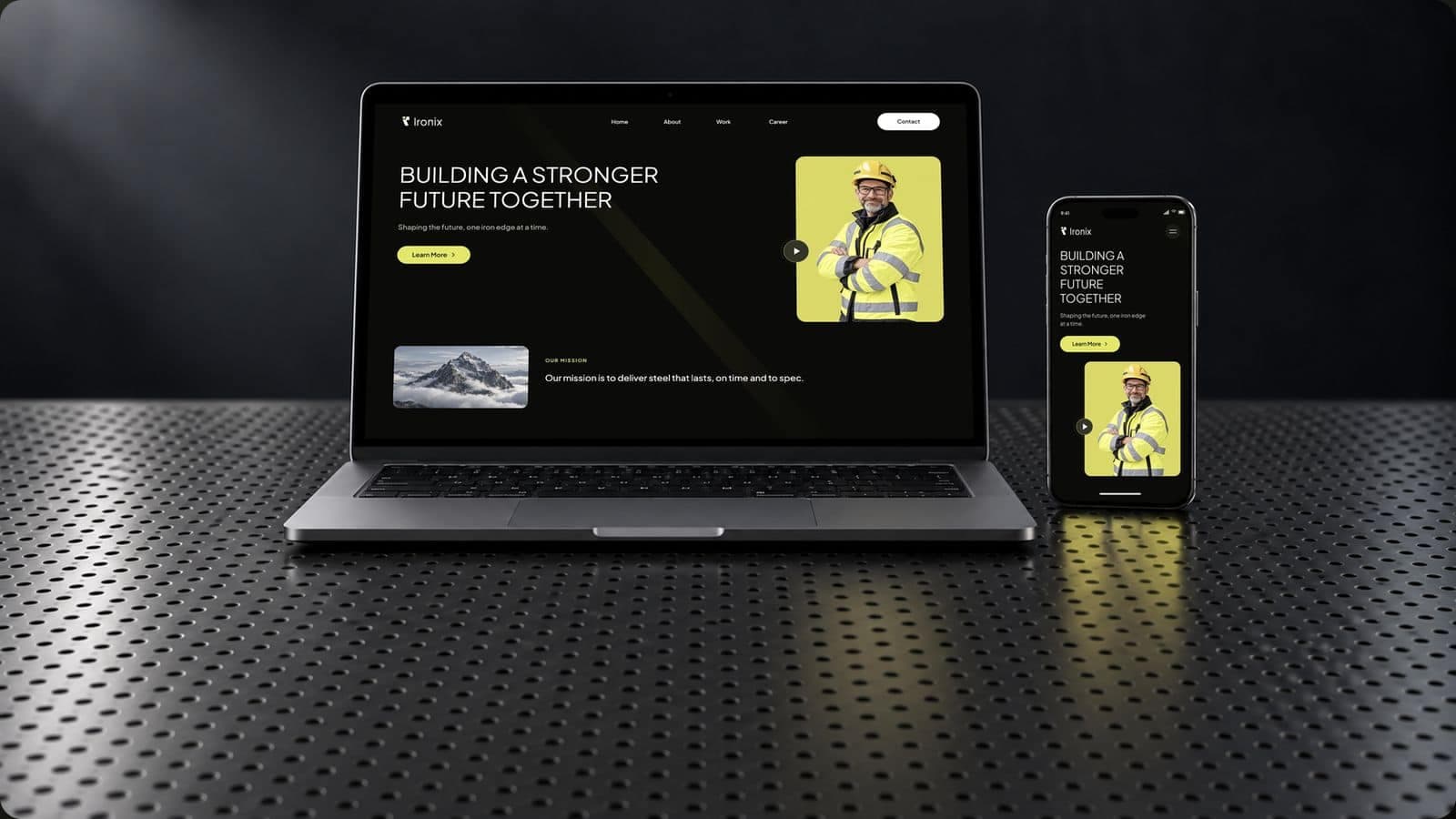 The Ironix homepage on a laptop and a phone with Building a Stronger Future Together, a yellow Learn More button and a worker in a yellow hard hat on a yellow panel