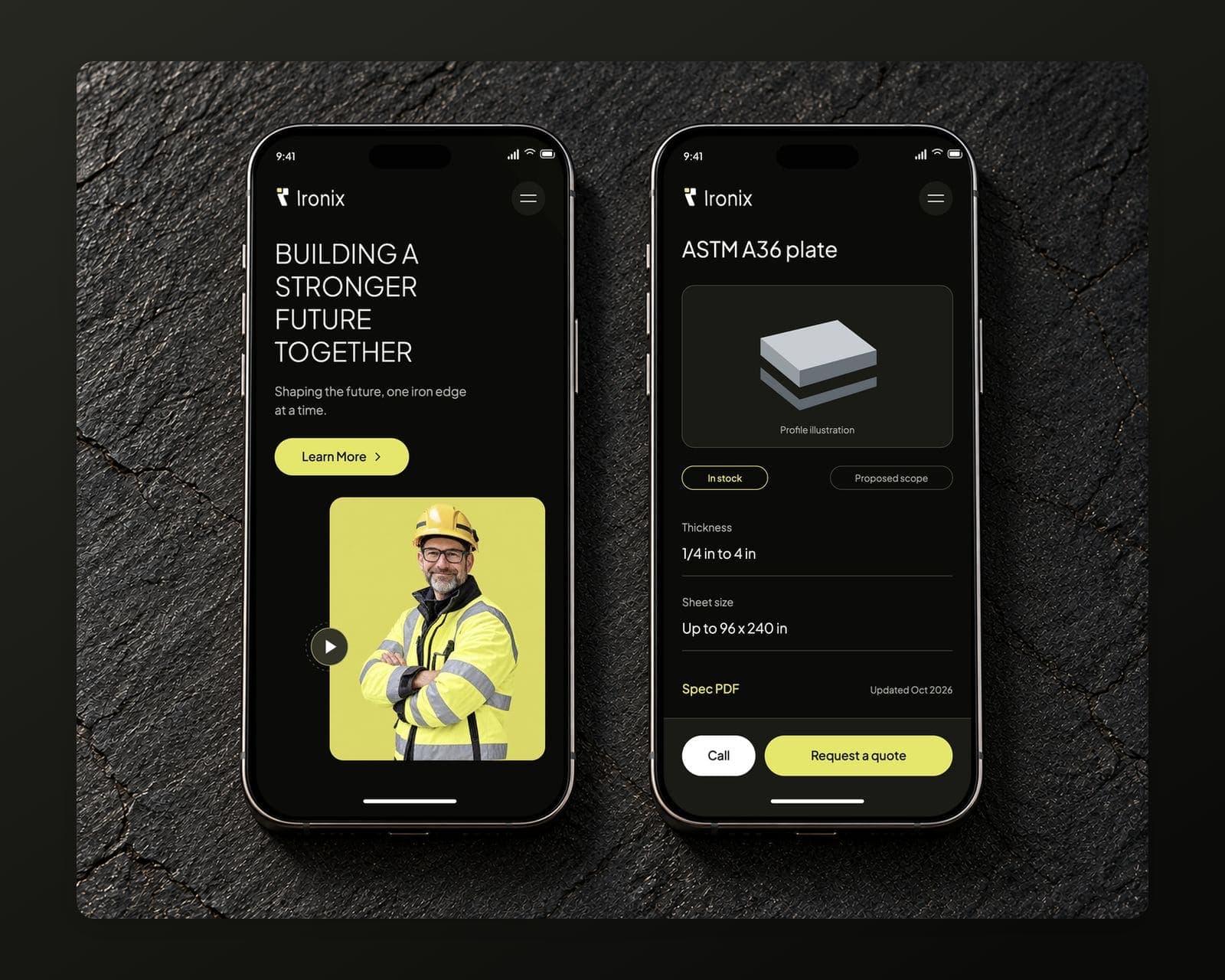 Two matching phones showing the Ironix homepage with Building a Stronger Future Together and the A36 plate spec page with Call and Request a quote buttons