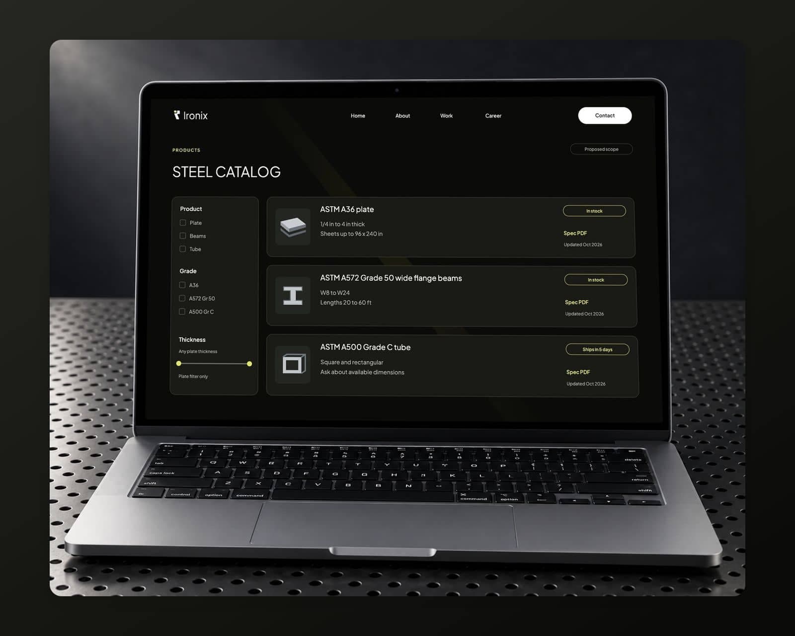 The Ironix steel catalog with filters for product, grade and thickness, and rows for ASTM A36 plate and A572 Grade 50 wide flange beams with sizes and stock