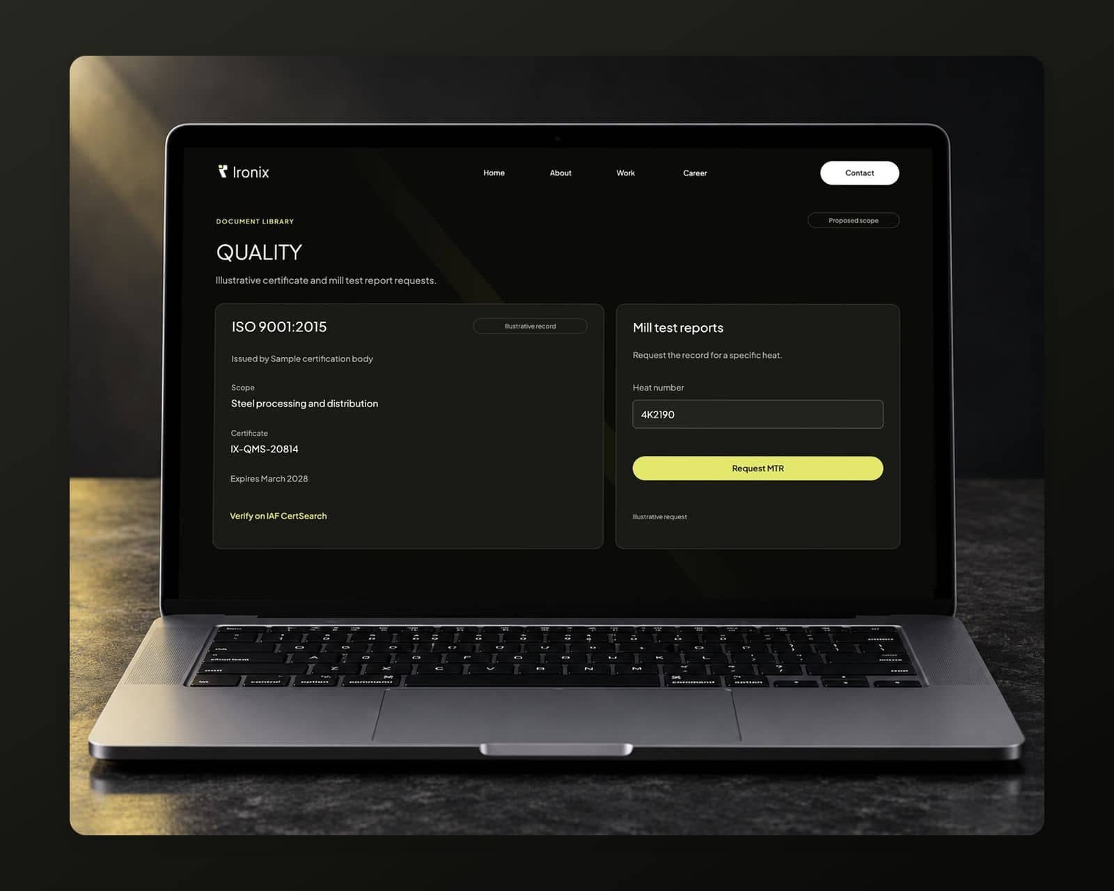 The Ironix quality page with a sample ISO 9001:2015 certificate entry, its scope, number and expiry, a verify link and a mill test report request by heat number