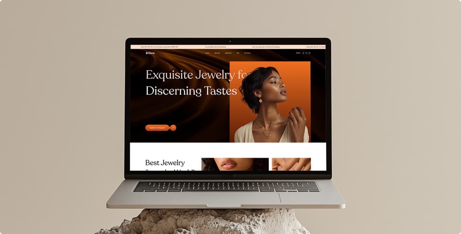 The Brilora jewellery website on a laptop, with the headline Exquisite Jewelry for Discerning Tastes