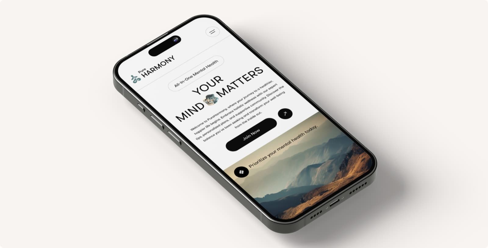 The Pure Harmony website on a phone seen at an angle, with the headline Your Mind Matters above a Join Now button and a mountain photograph