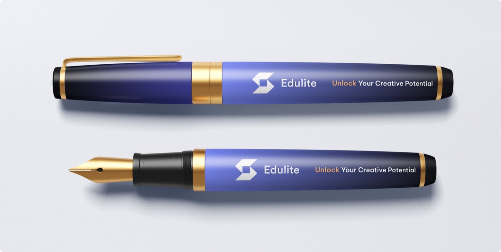 Two fountain pens in blue and gold carrying the Edulite mark and wordmark