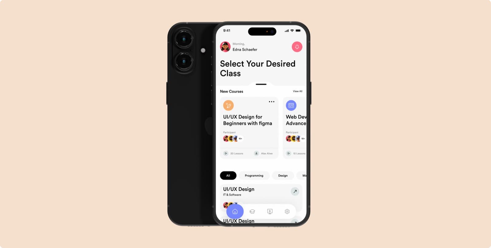 The Edulite app’s home screen on a phone, with the heading Select Your Desired Class above a list of new courses