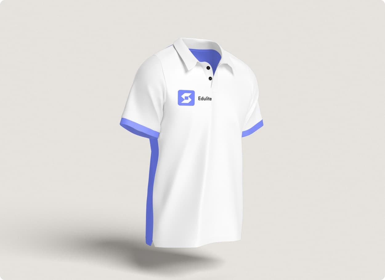 A white polo shirt with blue trim carrying the Edulite mark on the chest