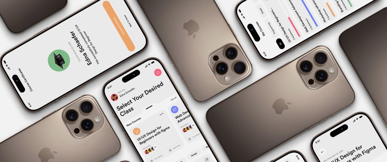 Several phones laid at an angle showing the Edulite app: the home screen, the course certificate and the my courses list