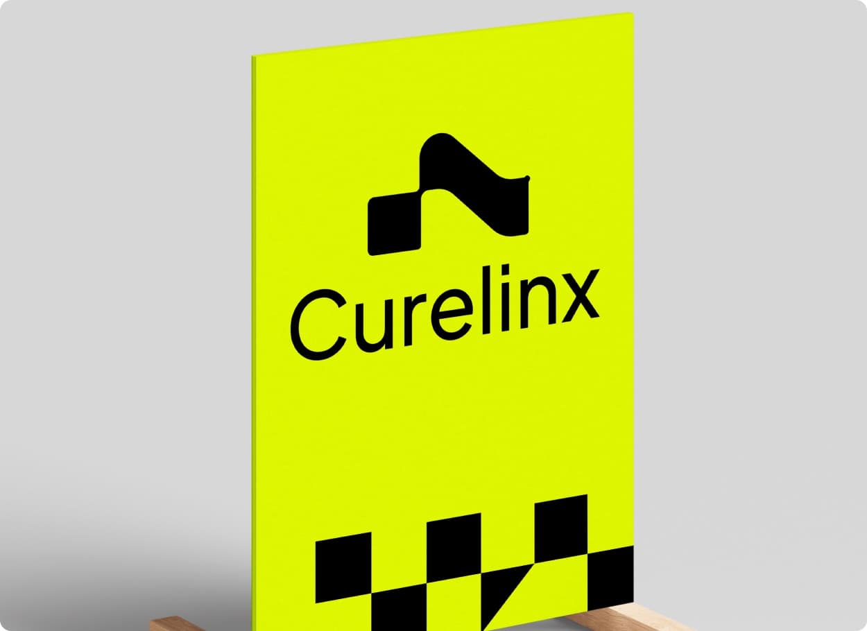 The Curelinx mark and wordmark on a yellow board with a black chequered pattern