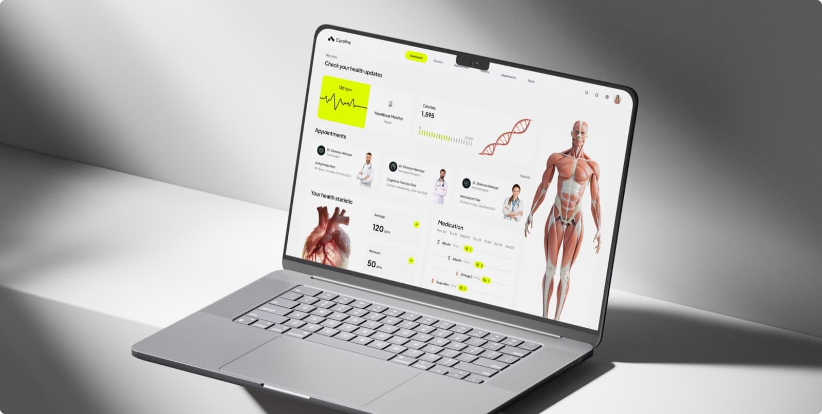 The Curelinx health dashboard on a laptop, with the heading Check your health updates above a heart rate trace and a list of appointments