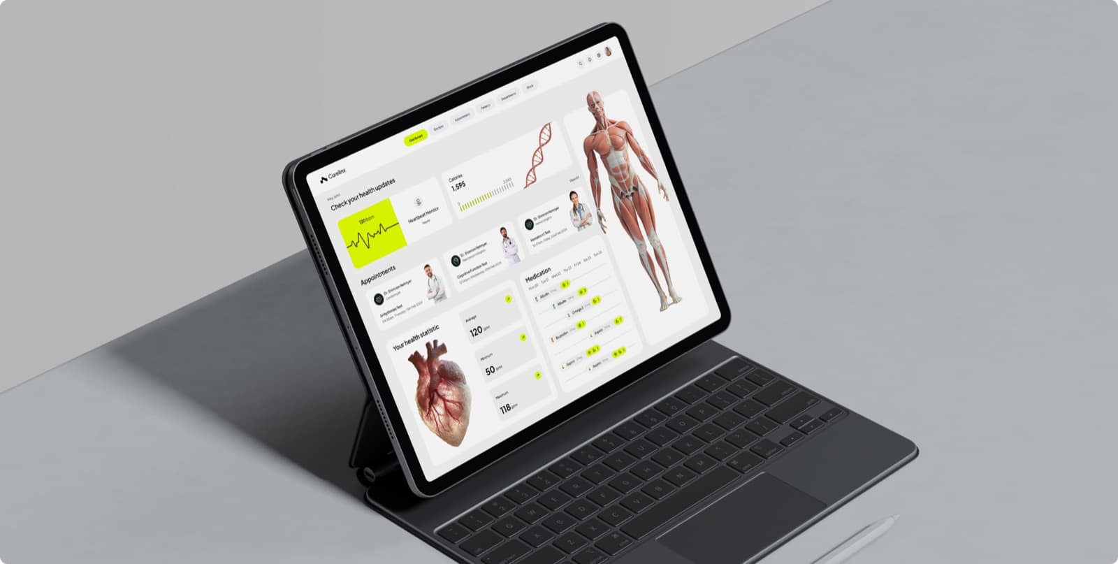 The Curelinx dashboard on a tablet with a keyboard, showing appointments, a medication schedule and an anatomical figure