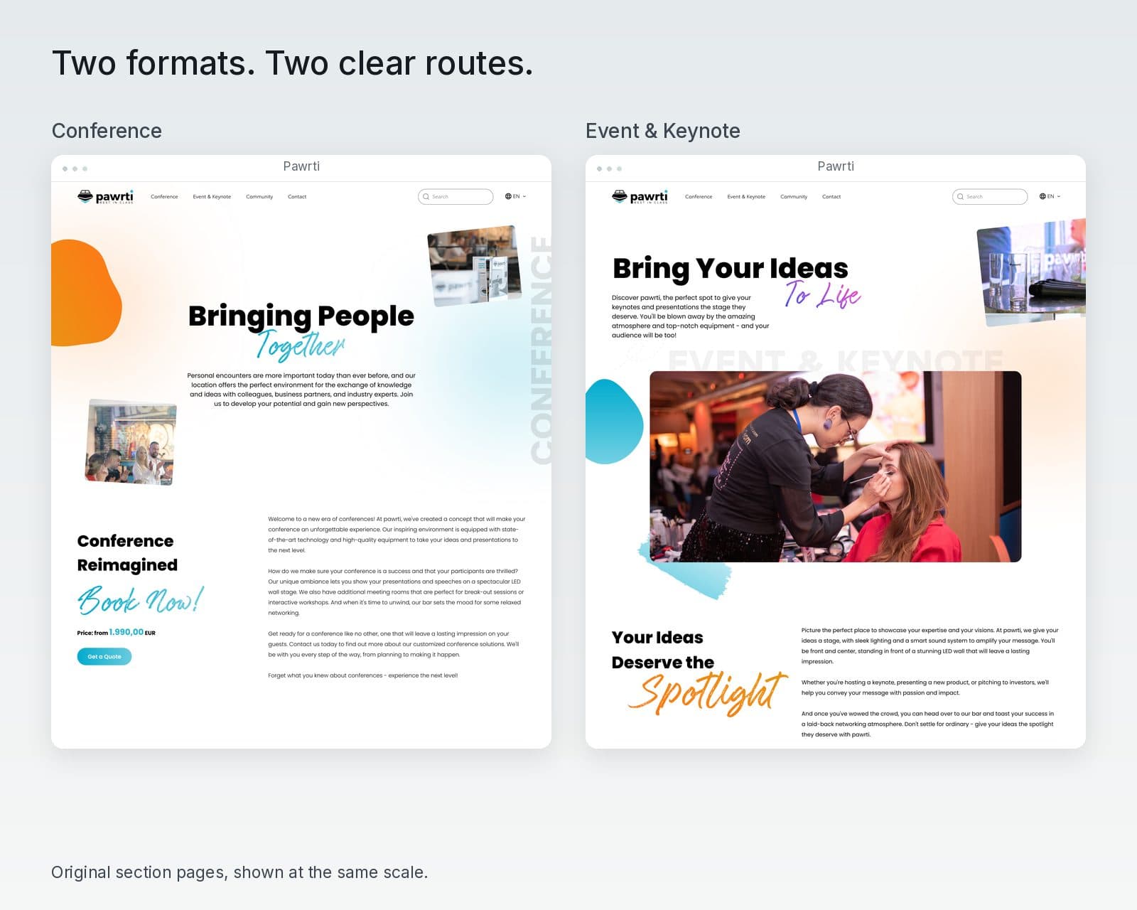 The original Conference and Event and Keynote pages, presented at matching sizes with real venue imagery