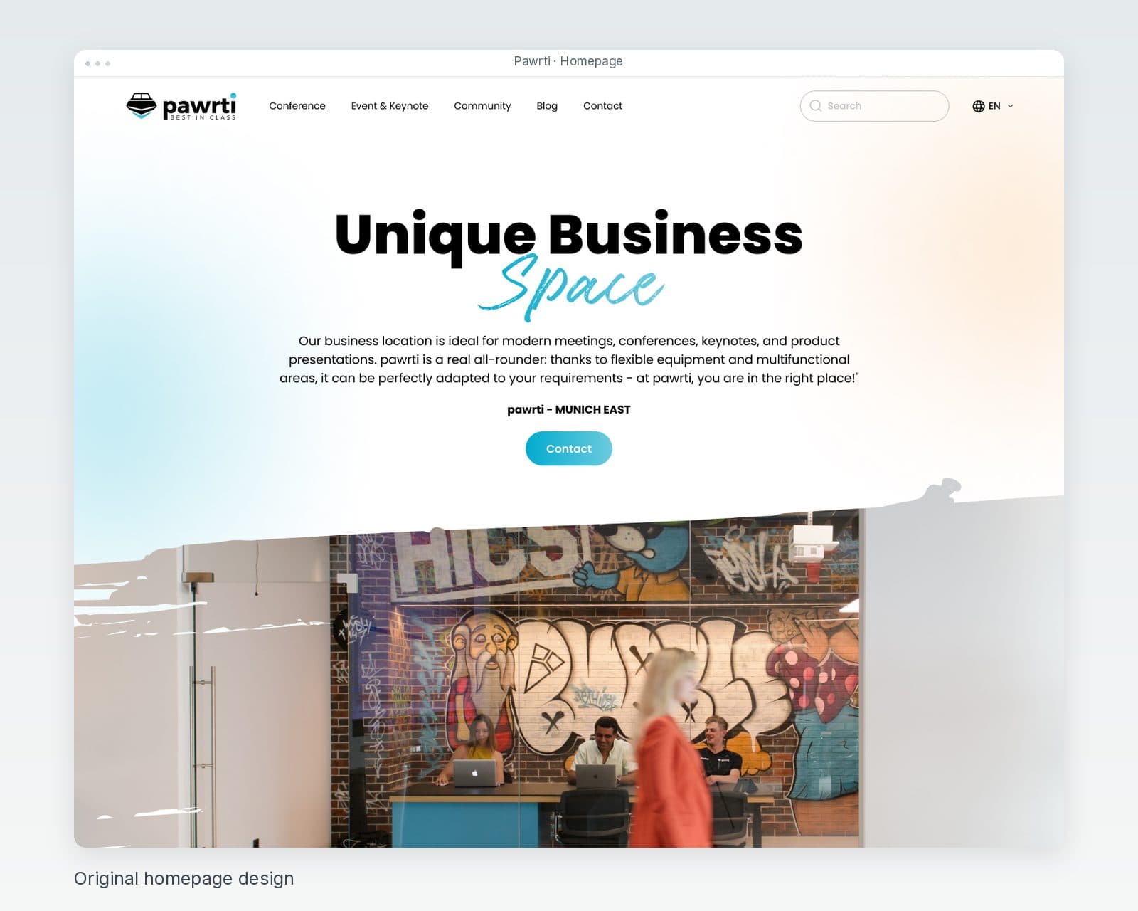 The original Pawrti homepage with the Unique Business Space headline, contact button and venue photograph