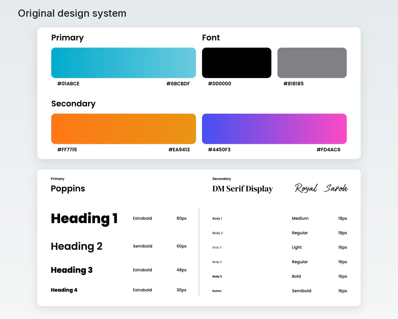 Original Figma color and typography guides with the teal gradient, supporting colors, Poppins, DM Serif Display and Royal Saroh